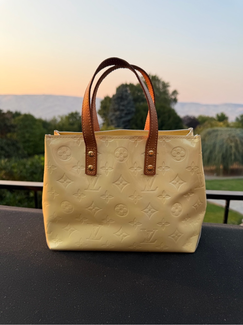 Louis Vuitton Pale Yellow Vernis Tote with Brown Handles